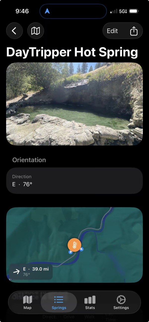 HotSpringer showing a saved spring: a photo of a clear green pool among rocks and pines, its compass direction, and a map of the spring beside the river.